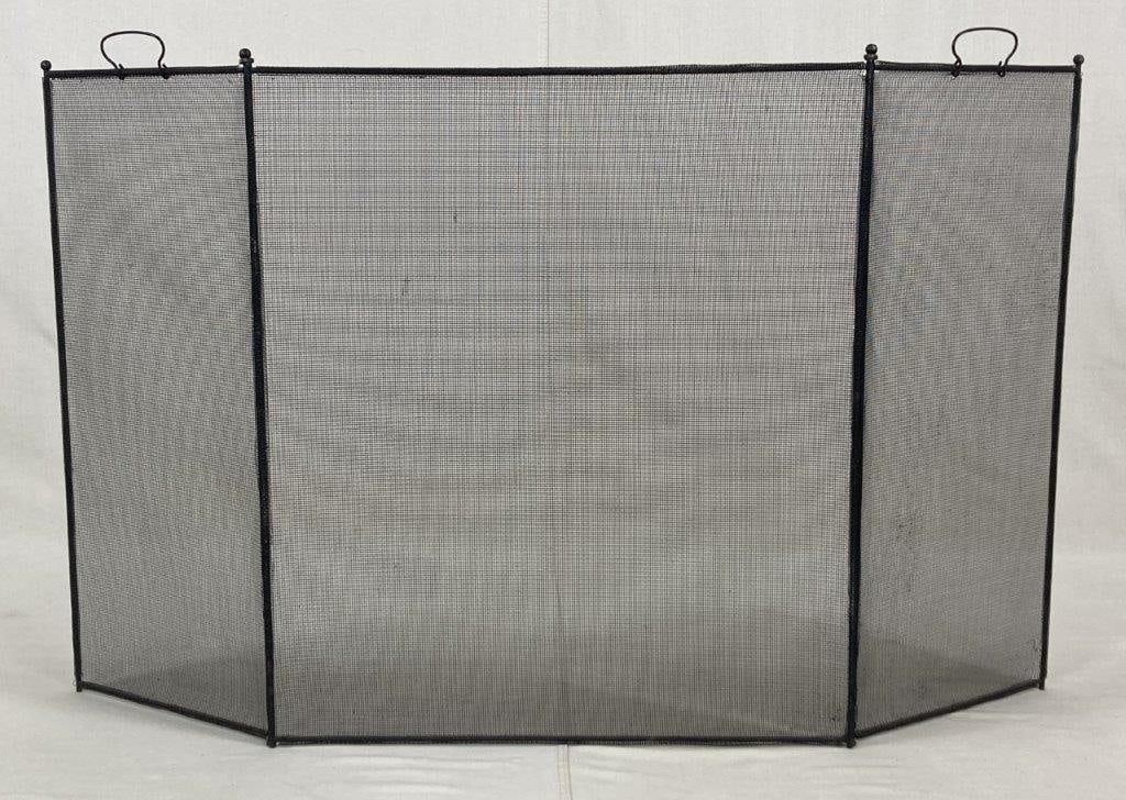 Black Metal Fireplace Screen: Fireplace screen with black finish and simple functional design suitable for hearth display and protection. The wide form provides coverage for a standard fireplace opening while maintaining a clean,