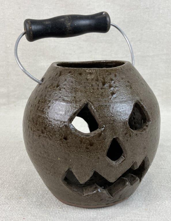 Mike Hanning Folk Art Stoneware Jack-o-Lantern: Southern folk art stoneware Jack-oâ€™-lantern by Georgia potter Mike Hanning (1954â€“2022), known for his expressive and whimsical clay work within the Southern folk