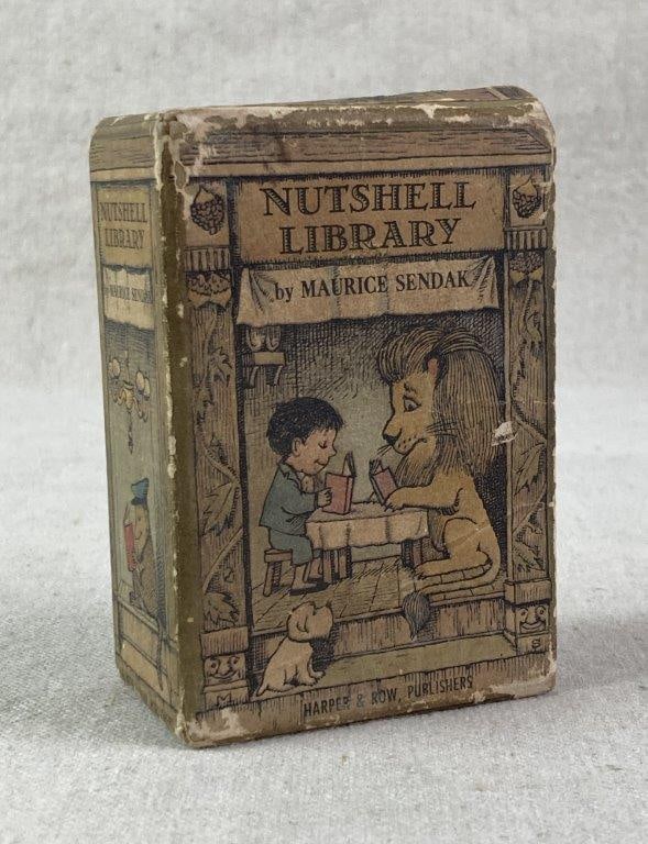 Nutshell Library by Maurice Sendak: A collection of four pocket-sized hardcover books including Alligators All Around, Chicken Soup with Rice, One Was Johnny, and Pierre: A Cautionary Tale. Published by Harper and Row Publishers, the