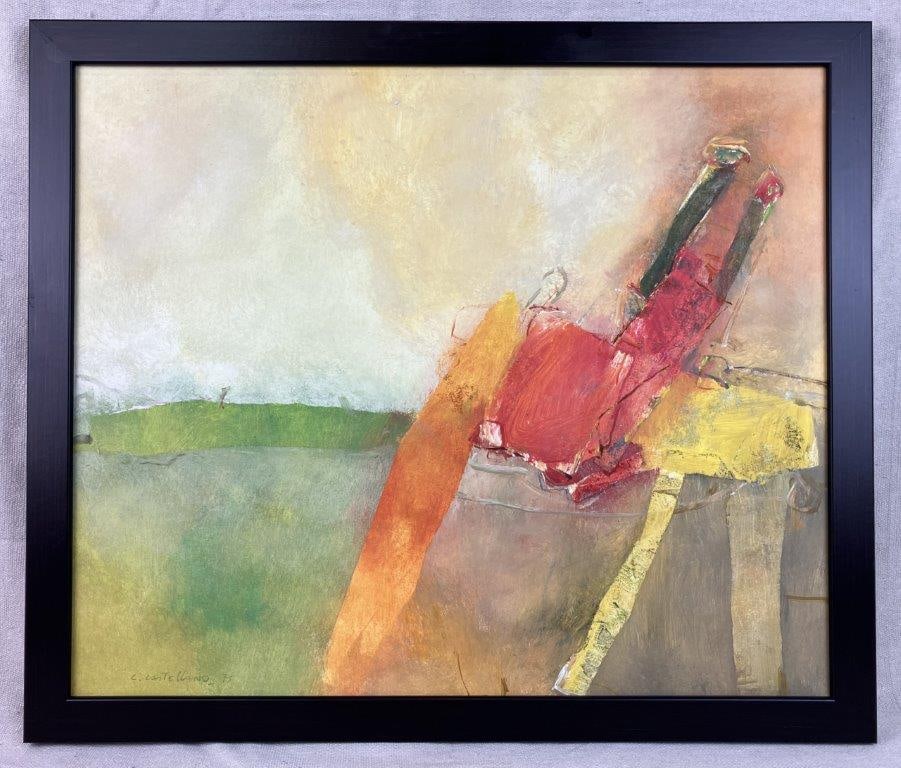 Carmello Castellano Sunset Over Moritz Abstract Landscape Oil Painting: Oil on linen signed by the artist and dated 1975, depicting a painterly red, orange, and yellow abstract form set within a verdant landscape. Carmello Castellano was born in Valencia in 1925 into a