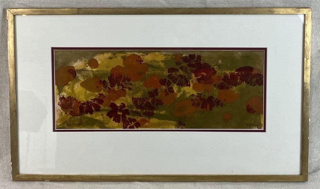 Sallie Frost Knerr Abstract Serigraph: Abstract serigraph signed by the artist featuring leaf forms in autumnal colors with red flowers, sienna-toned leaves, and a muted yellow background. Sallie Frost Knerr was an American painter and