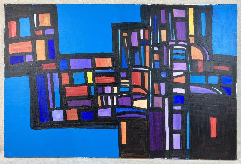 Walter Taft Bradshaw Abstract Oil Painting: Oil on canvas featuring strong black linear outlines and vibrant colors defining the forms of the composition. Walter Taft Bradshaw (1933â€“2021) was a North Carolina artist born in