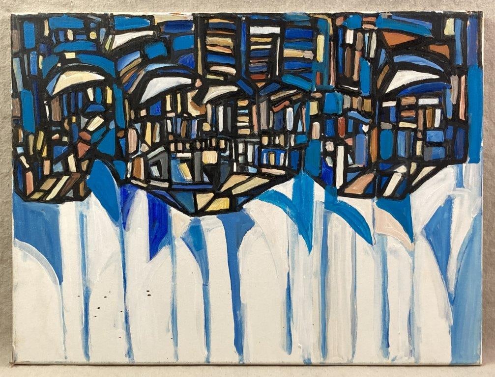 Walter Taft Bradshaw, Abstract Oil Painting: An abstract oil painting on canvas featuring interlocking geometric forms rendered within a dominant blue palette. Walter Taft Bradshaw (1933â€“2021) was born in Wilmington, North