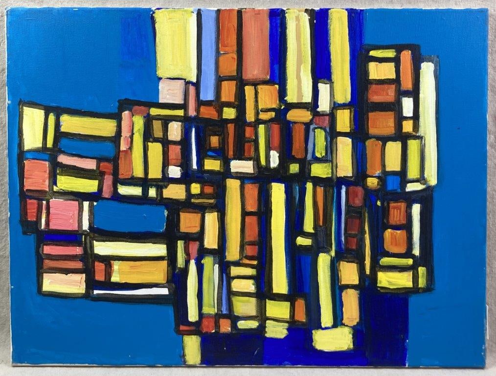 Walter Taft Bradshaw Abstract Oil Painting: An abstract oil painting on canvas featuring interlocking geometric forms rendered within a dominant blue palette. Walter Taft Bradshaw (1933â€“2021) was born in Wilmington, North