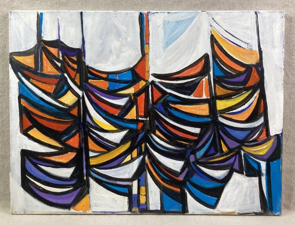 Walter Taft Bradshaw, Under the Sea, Abstract Oil Painting: An abstract oil painting depicting sail or wave-like forms rendered in brilliant shades of orange, yellow, blue, and purple with bold black outlines, set against a white background with layered