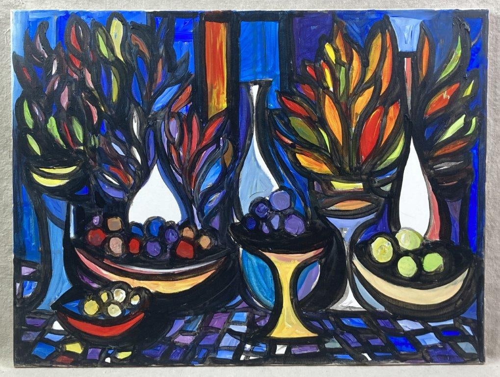 Walter Taft Bradshaw, Abundantly Colorful III, Still Life Painting: An abstract still life oil painting on canvas depicting potted plants, bowls of fruit, and vases outlined in bold black lines and rendered in vibrant colors including blue, purple, red, green, and