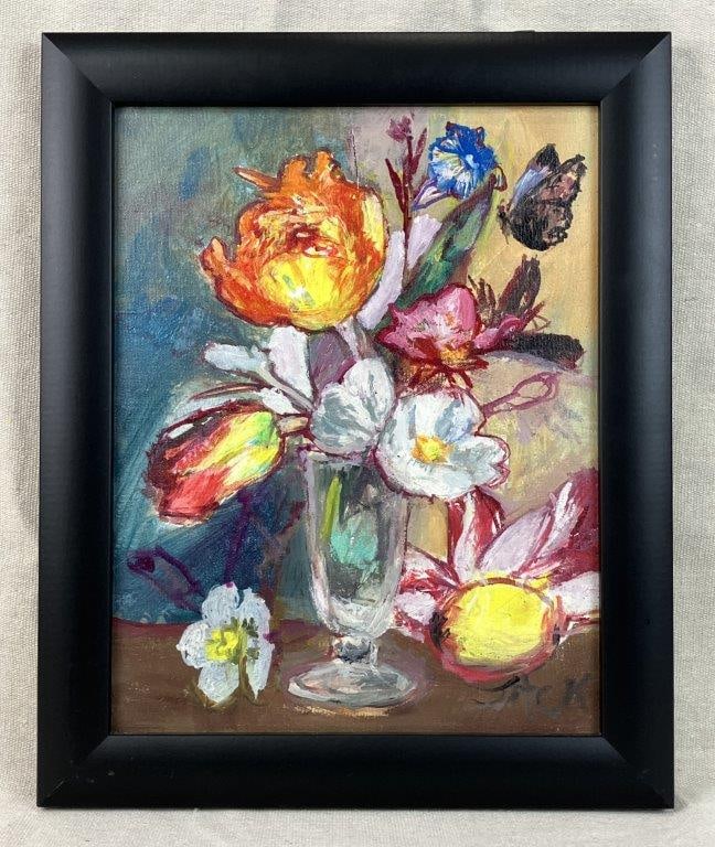 Dutch Grown Still Life Oil Painting by Jack: Still life oil painting inspired by historic Dutch still life traditions, executed with expressive colors and brushwork. By Mada Lucus, also known as Jack. Housed in a black frame. Frame measures appr