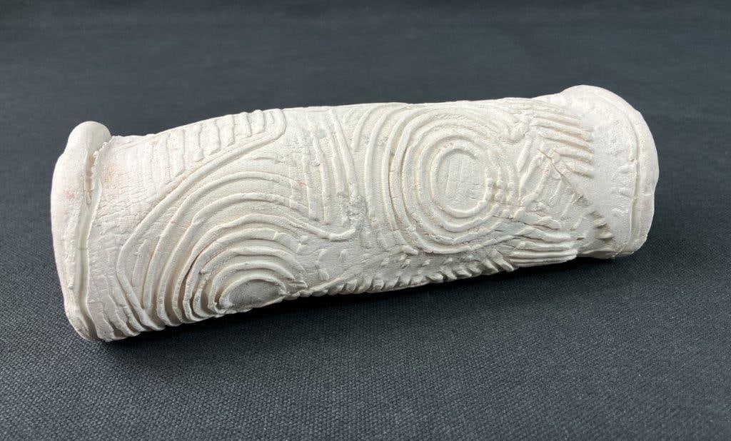 Theo Sable Fine Art Pottery Sculpture: Innovative handbuilt sculpture featuring applied linear designs on a tubular form with an unglazed surface and subtle finish. Signed â€œTSâ€ for Theo Sable. Theodora
