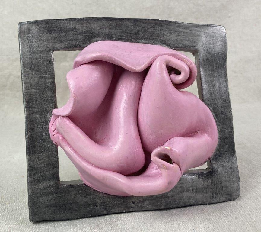 Seduction Abstract Wall Sculpture by Theo Sable: A three-dimensional abstract wall-mounted sculpture titled Seduction, featuring a highly expressive biomorphic central element composed of soft, undulating folds that appear to burst outward from the