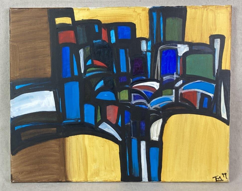 Walter Taft Bradshaw, Liberty Bridge, Abstract Oil Painting: A bold geometric composition featuring intense shades of blue, green, and red set against a striking yellow background. Signed on the lower right, with â€œLiberty Bridge