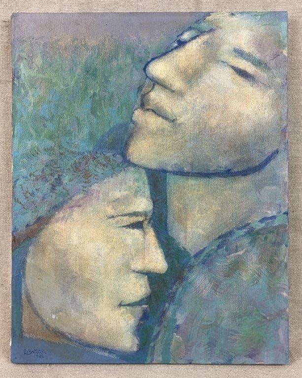 Lee Lawson Embrace Expressive Portrait Painting, 1986: Expressive portrait painting dominated by soft blue tones, depicting a double portrait of two figures embracing. Executed with soft brushwork and strong technical control, reflecting an interest in