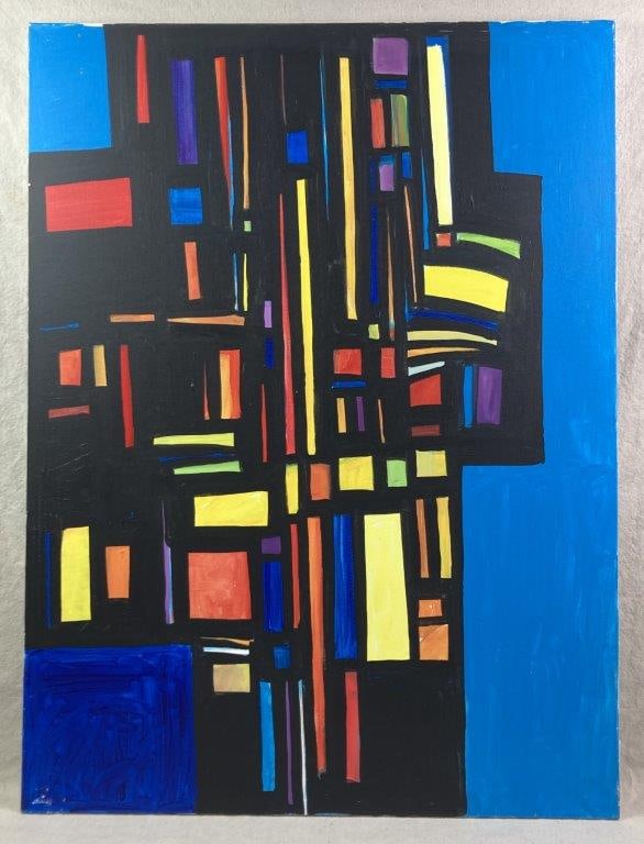 Walter Taft Bradshaw, Abstract Oil Painting: A vibrantly colored abstract composition featuring geometric shapes in red, blue, green, purple, and orange arranged in an intricate grid-like pattern set against a blue background. Walter Taft