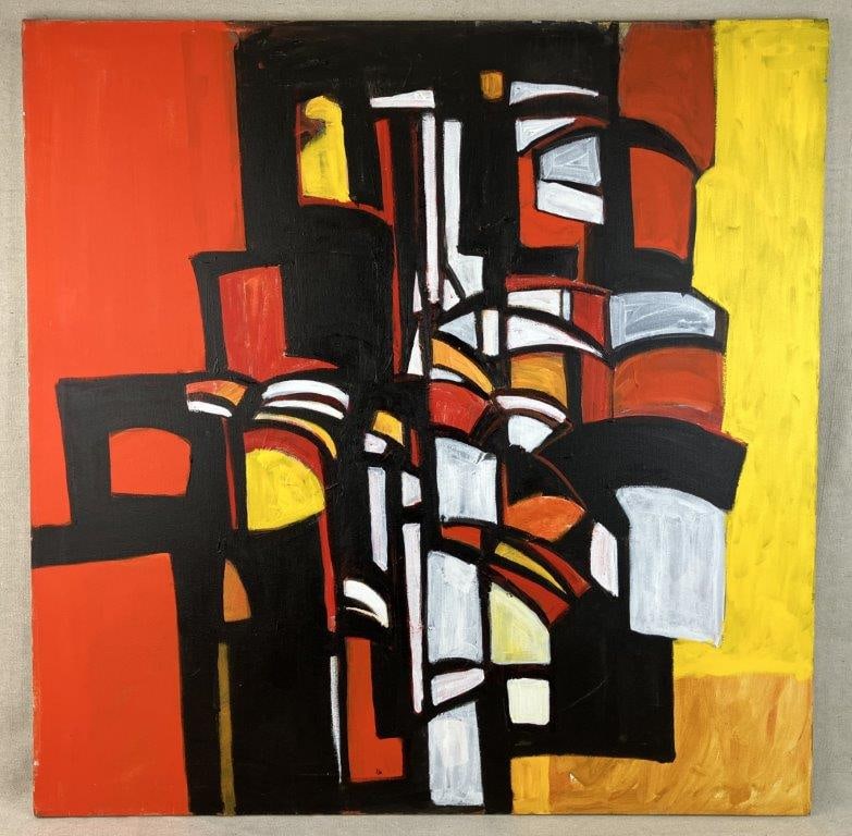 Walter Taft Bradshaw Abstract Oil Painting: Oil on canvas featuring strong black linear outlines and vibrant colors defining geometric forms. Walter Taft Bradshaw (1933â€“2021) was a North Carolina artist born in Wilmington