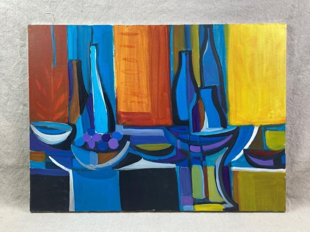 Walter Taft Bradshaw, Yeah! I, Abstract Oil Painting: An abstract still life oil on canvas depicting liquid containers and bowls, rendered in brilliant shades of blue, purple, yellow, orange, and red. Walter Taft Bradshaw (1933â€“2021)