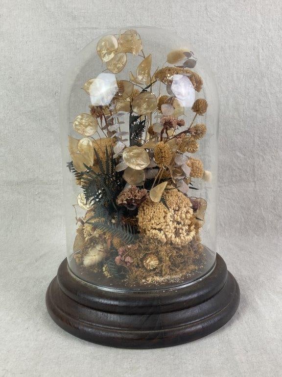 Dried Floral Glass Cloche: Curated arrangement of preserved plants and flowers displayed beneath a clear glass dome with a fine wood base. Measures approximately 14â€³ H x 10 1/2â€³ W x 10
