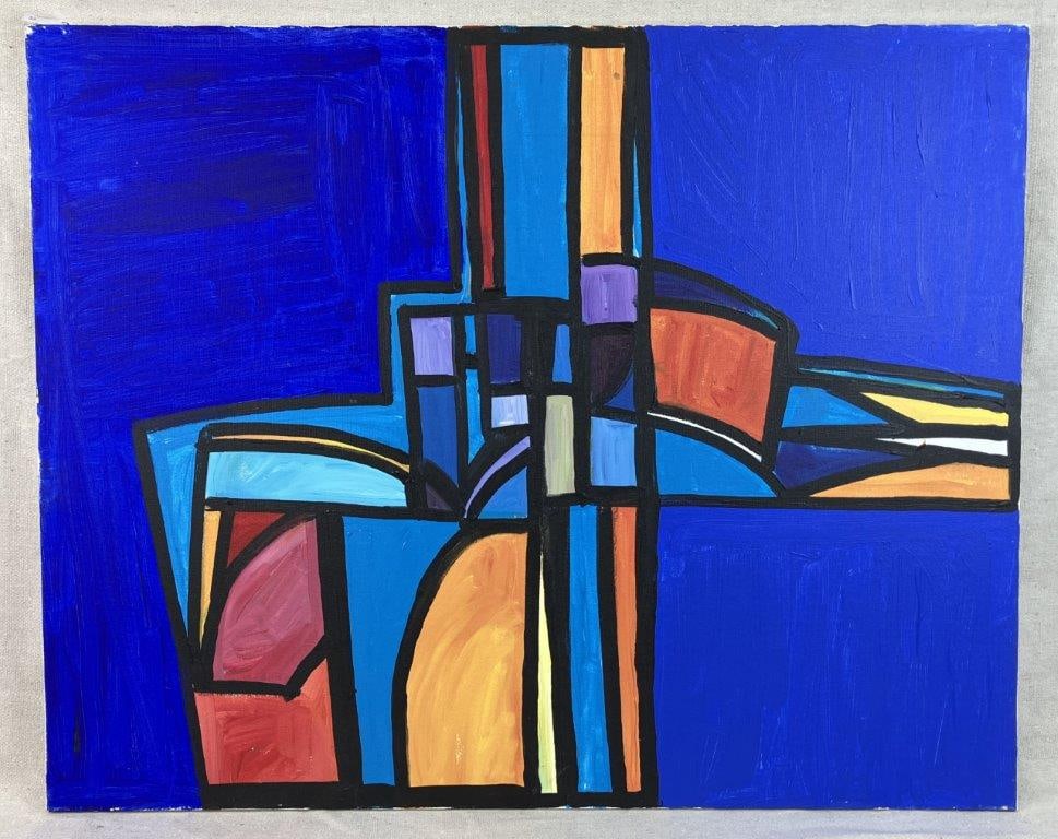 Walter Taft Bradshaw Abstract Oil Painting: Oil on canvas featuring strong black linear outlines and vibrant colors defining the forms of the composition. Walter Taft Bradshaw (1933â€“2021) was a North Carolina artist born in