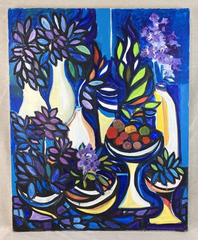 Walter Taft Bradshaw Abstract Still Life Oil Painting: Oil on canvas featuring strong black linear outlines and vibrant colors defining the forms of the composition. Walter Taft Bradshaw (1933â€“2021) was a North Carolina artist born in