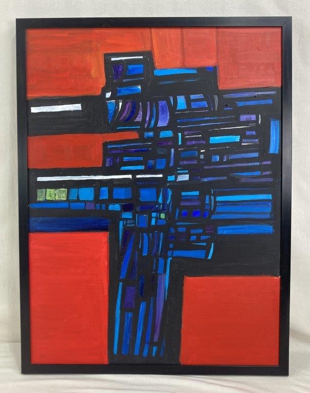 Walter Taft Bradshaw, Saturday Night, Abtract Oil Painting: Original abstract oil painting on canvas by the North Carolina artist. The composition features a dynamic arrangement of geometric forms in shades of blue, purple, green, and white, contained within