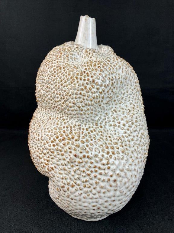 Leston Glazed Pottery Jackfruit Vase: Charming leston jackfruit form with a textured surface and white glaze over a soft brown clay body. Measures approximately 13 1/4â€³ H x 6â€³ diameter. Good condition. 