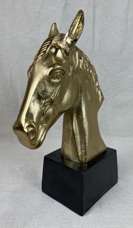 Goldtone Horse Sculpture: Elegant horse head sculpture in goldtone metal with well-defined form, mounted on a black pedestal base. Measures approximately 14 3/4â€³ H x 10 1/2â€³ W x 4
