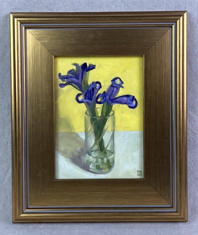 Tracy Hurley, Bearded Iris Solo, Oil Painting: An oil painting on board depicting purple irises arranged in a glass with water set against a yellow background. Signed on the lower right, with â€œBearded Iris Solo Iris 06 Tracy