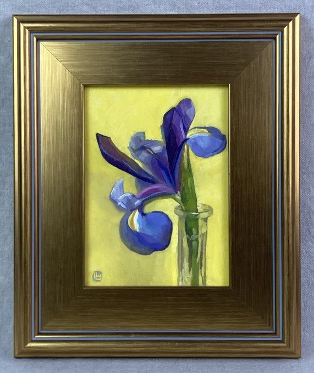 Tracy Hurley, Bearded Iris Couple, Oil Painting: An oil painting on board depicting a single purple bearded iris in a slender glass vase set against a vibrant yellow background. Signed on the lower left, with â€œBearded Iris Couple
