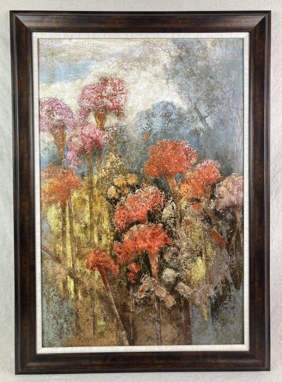 Lermay Chang, Abstract Landscape Oil Painting: An oil on canvas painting depicting a landscape of colorful abstract flowers in reddish-orange and pink tones set against a hazy background. Housed in a wood frame. Lermay Chang is a contemporary