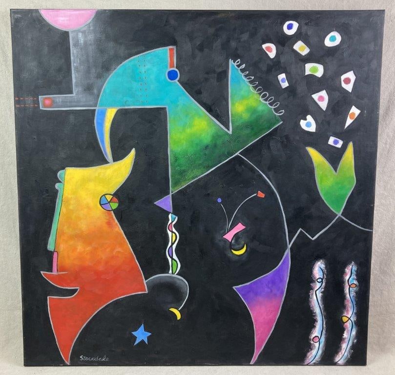 Ann Stockdale, Spring Arrived, Oil Painting: An abstract oil painting on canvas featuring organic, fluid forms with bold use of red, yellow, and blue set against a dark background, accented by a star motif and thin expressive lines. Signed