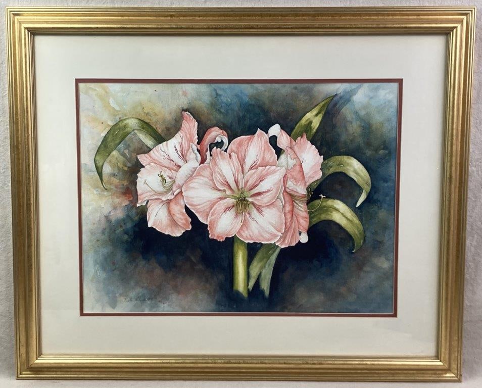 Paula Robert, Amaryllis Blossoms Watercolor Painting: A watercolor painting on textured paper depicting three Amaryllis blossoms set against a dark blue hazy background, rendered in vibrant pink and green tones. Signed â€œPaula Robert