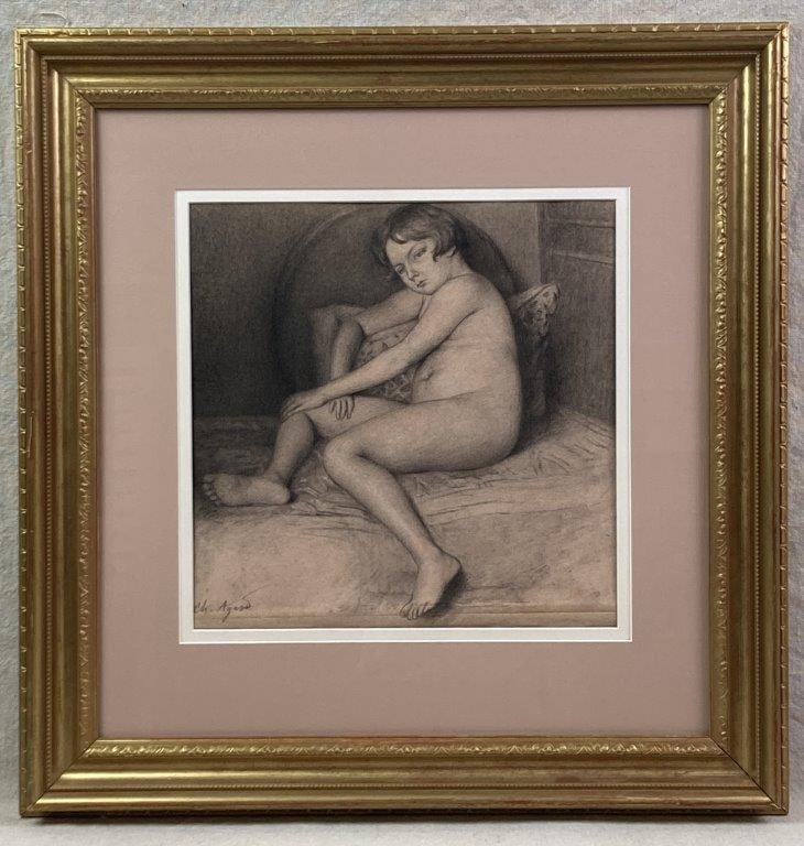 Charles-Jean Agard, Emilie, Pencil Drawing: A pencil study portrait titled Emilie depicting a nude young woman in a seated pose against a pillow. Signed â€œCh. Agardâ€ on the lower left and housed in a gold