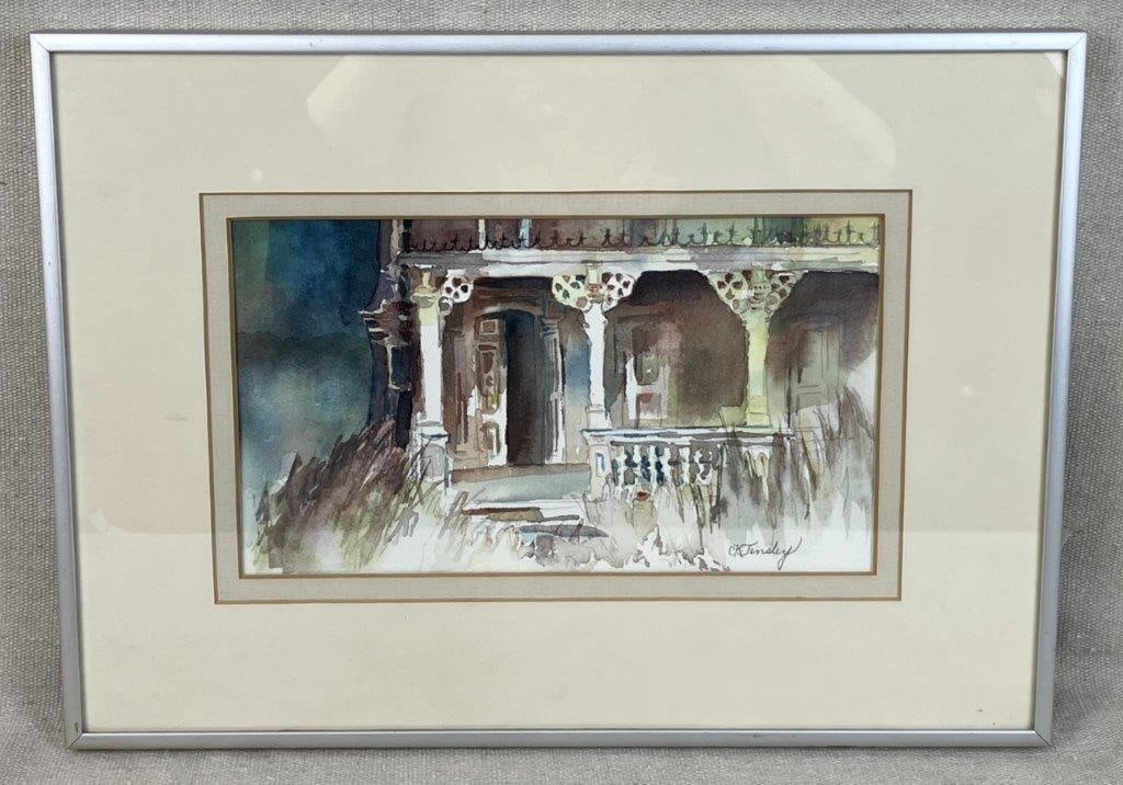 Carole Tinsley An Endangered Work of Art Architectural Watercolor Painting: Signed watercolor painting depicting a classical architectural structure, executed with skilled brushwork and expert watercolor technique. Carole Tinsley (b. 1937) is an Illinois-born artist known
