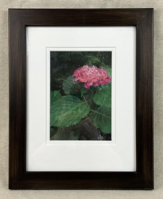 Don Berg Garden Hydrangea Flower Embellished Print: Hydrangea flower print signed by the arist, with embellishment or overpainting, featuring cool green tones and vibrant pink blossoms. The artist studied at the Rhode Island School of Design. Housed