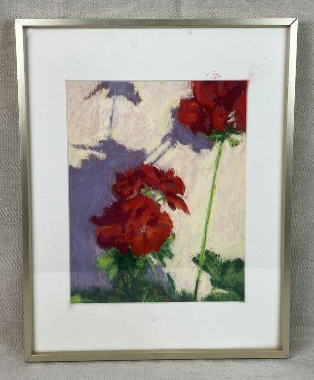 Connie Winters Pastel Flower Drawing: Pastel drawing signed by the artist depicting red flowers on a pale yellow ground with soft lavender shadows, rendered in vibrant colors with impressionistic handling. Connie Winters, also known as