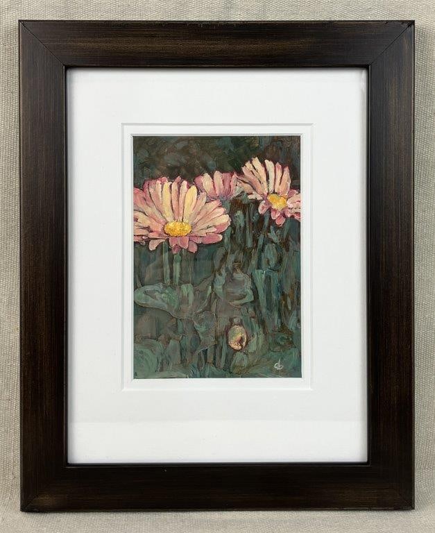Don Berg Garden Flowers Embellished Print: Print by Don Berg, signed by the arist, who attended the Rhode Island School of Design, depicting daisies with embellishment or overpainting. Rendered in vibrant colors with soft cool greens and