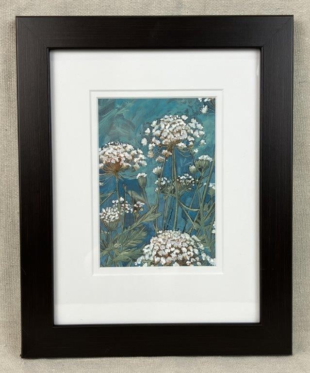 Don Berg Queen Annes Lace Flowers Embellished Print: Print by Don Berg, who attended the Rhode Island School of Design, depicting queen annes lace with embellishment or overpainting. Rendered in vibrant colors with soft cool blues and delicate white