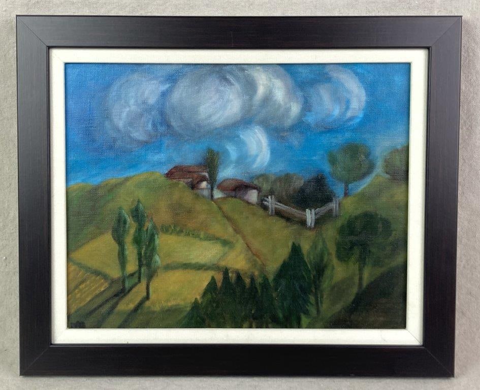 Italian Landscape Oil Painting: An oil painting on canvas depicting an Italian countryside scene with a house on a hill in the distance. Titled The Hills of Abruzzo with an illegible signature on the lower left. Housed in a wood