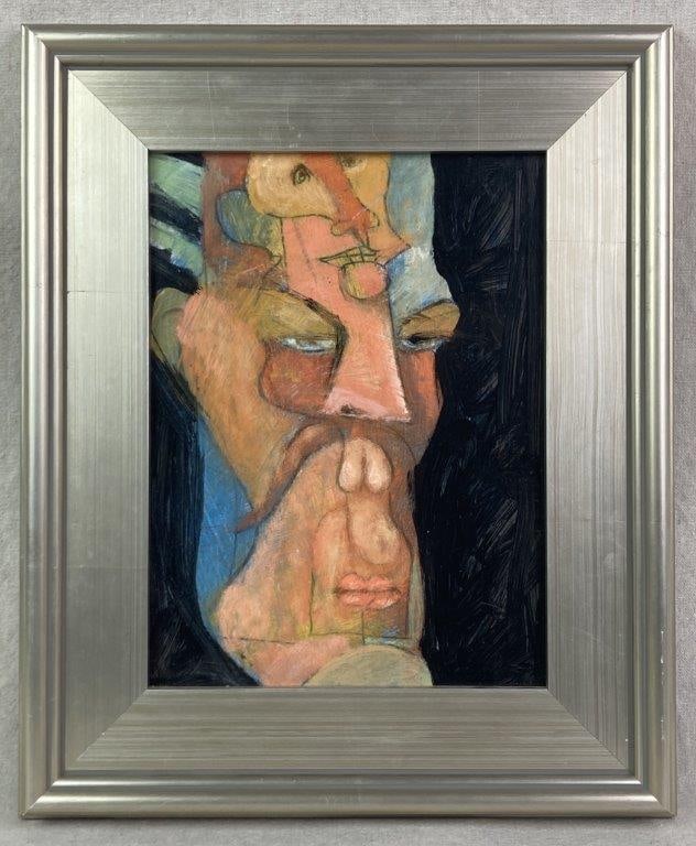 H. Charles, Henry Higgenbottom, Oil Painting: An oil painting featuring a fragmented, multi-faceted depiction of a manâ€™s face set against a dark background. The reverse is inscribed â€œHenry Higgenbottom by H.