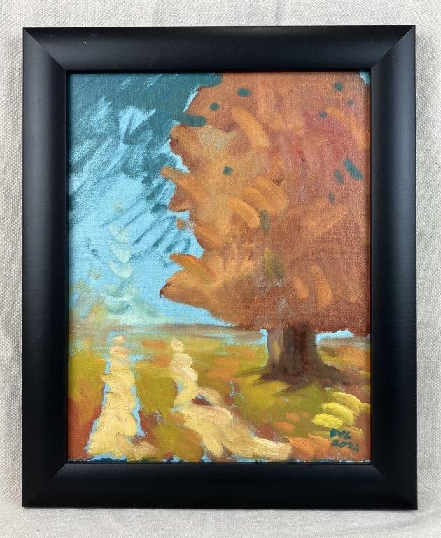 Abstract Fall Landscape Oil Painting: Signed â€œBVGâ€ and dated 2021. Expressive brushwork depicts an autumn landscape with a tree set against a blue sky. Housed in a black frame. Frame measures