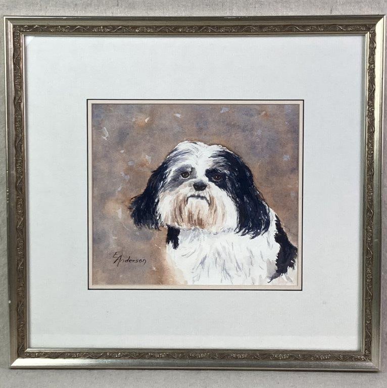 Elsie Anderson, Holly, Watercolor Painting: A watercolor on paper depicting a portrait of a black and white Shih Tzu named Holly, wearing a collar with a heart-shaped charm engraved with the name â€œHollyâ€ on