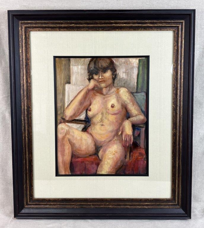 Nude Female Figure Oil Painting: Figurative oil painting exploring the nude form, depicting a seated woman with a pensive expression. Executed on paper with careful brushwork. Housed in a dark wood frame with gilt detailing. Frame