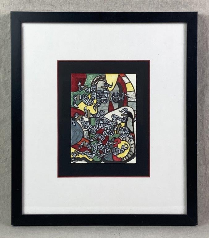 Signed Abstract Mixed Media Illustration: A marker and pen illustration on paper featuring a dense, chaotic arrangement of organic and geometric shapes executed in a horror vacui style. Swirling black lines create a sense of constant