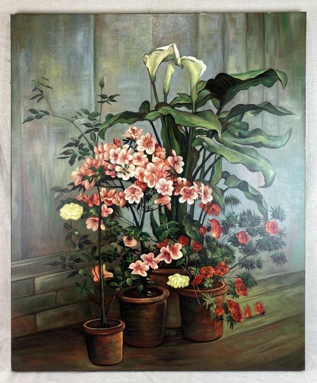 Flower Still Life Oil Painting: Still life depicting a variety of flowers including lilies and roses arranged in terracotta pots set against a brick wall. Expertly rendered with vibrant colors and brass tack decoration along the