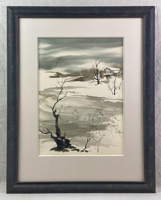 Susan Hoover, Winter Landscape Watercolor Painting: A watercolor painting on paper depicting a quiet winter landscape with a barn in the background, surrounded by bare trees and snow. Signed â€œS. Hoover 1973â€ on the