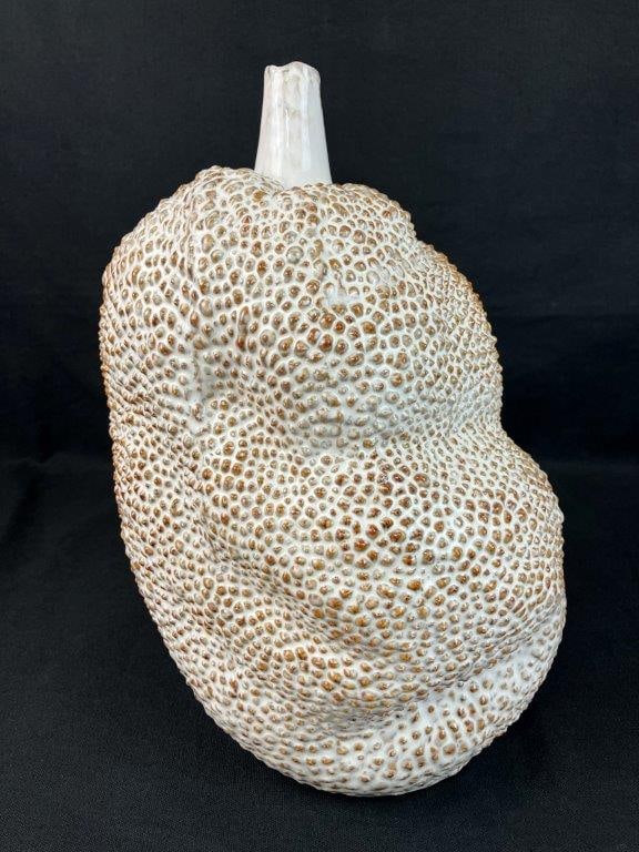 Leston Glazed Pottery Jackfruit Vase: Charming leston jackfruit form with a textured surface and white glaze over a soft brown clay body. Measures approximately 13 1/4â€³ H x 6â€³ diameter. Good condition. 
