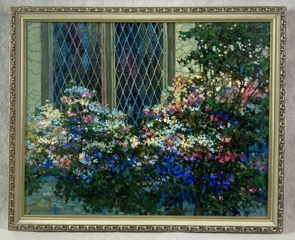 Rebecca's Garden, Textural Print on Board by Denslow: Textural print on board depicting a lush garden scene with colorful blooms in shades of blue, pink, and white arranged before a latticed window. Housed in a gilt scrollwork frame and signed