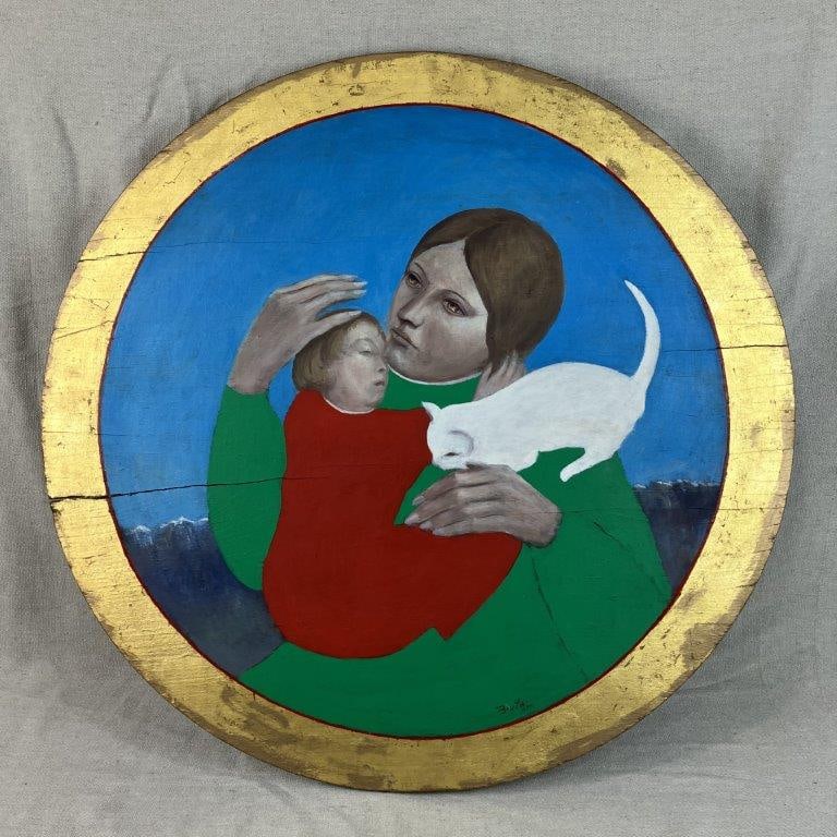 Folk Art Icon Oil Painting: Oil on wood executed in a traditional icon style reminiscent of early Renaissance devotional paintings, with a gilt edge and round tondo form. The composition, similar to a Virgin and Child