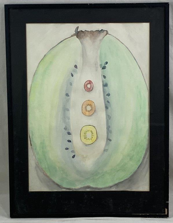 Modern Abstract Still Life Watercolor: An original work executed in an individualistic style that blends a naive aesthetic with sophisticated watercolor technique. The composition features a unique "fruit within fruit" motif, depicting