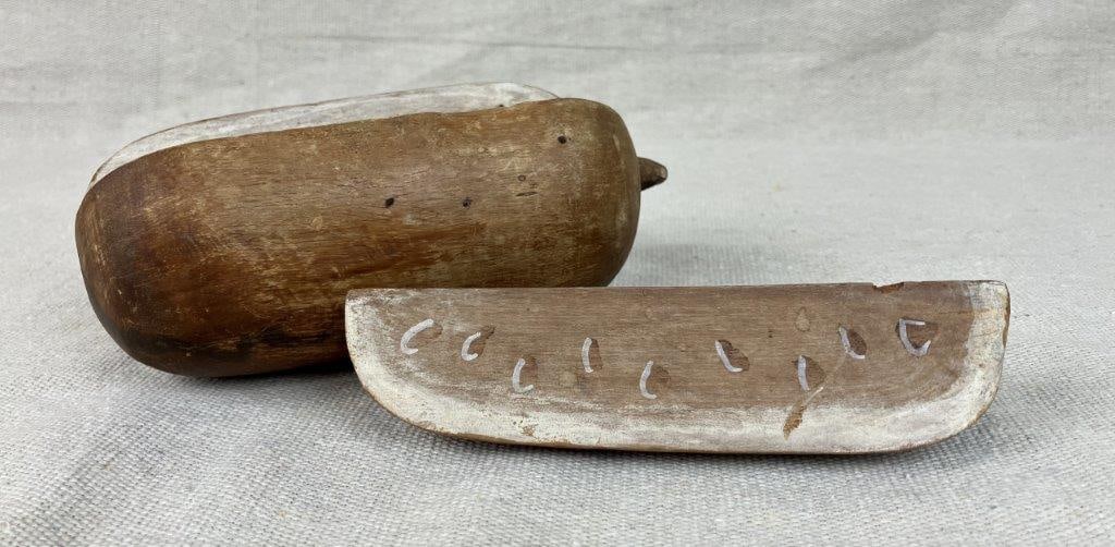 Primitive Folk Art Wood Watermelon: Charming hand-carved wooden watermelon with painted details, suitable for play or display. Measures approximately 6 3/8″ H x 3″ diameter. General wear and surface abrasions. 