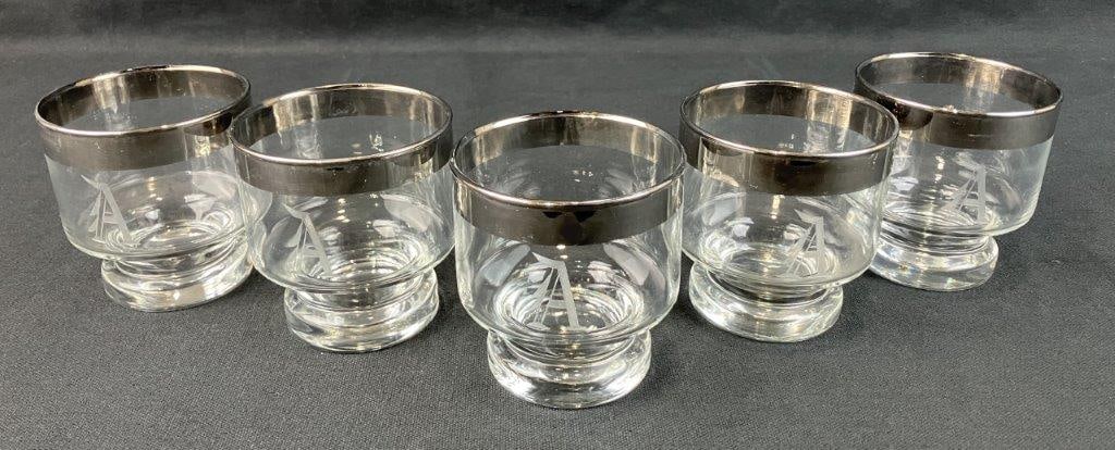 Mid Century Modern Etched Glass and Silver Rimmed Rocks Glasses - 2