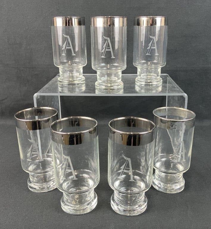 Mid Century Modern Etched Glass and Silver Rimmed Lowball Glasses - 2